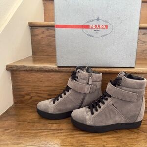 Prada Wedge Suede Ankle Booties Lace Up + Velcro + Zipper 39 / 9